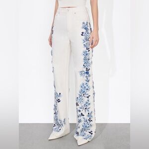 Alice + Olivia Weezy Embroidered Floral Jeans Off White Wide Leg Size 26 NWT